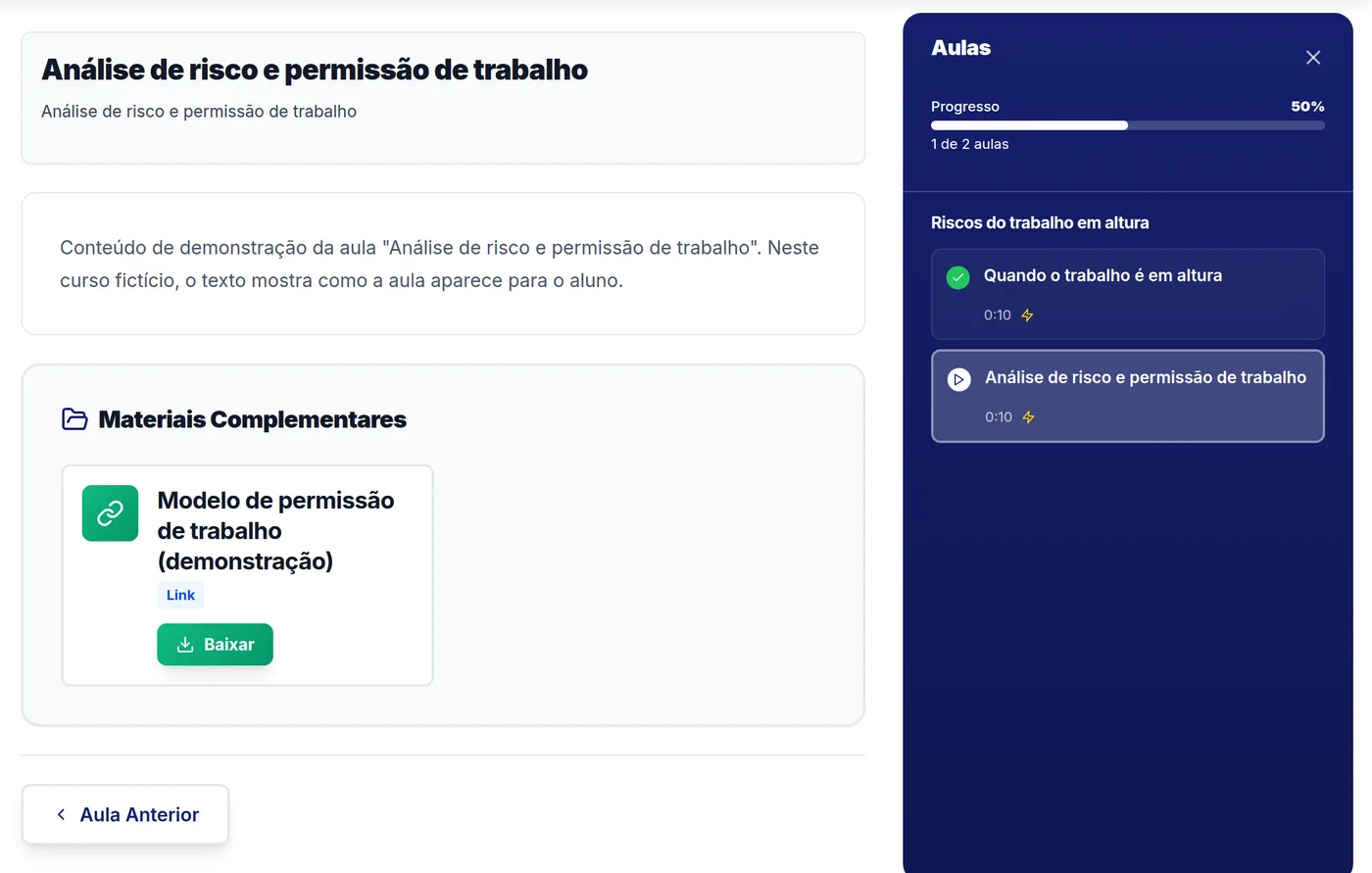 Aula da Academy com o conteúdo, os materiais complementares e o progresso do módulo (curso de demonstração)