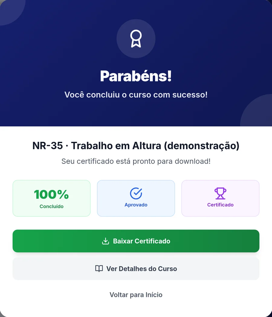 Aviso de curso concluído com 100%, aprovado e certificado pronto para baixar (curso de demonstração)