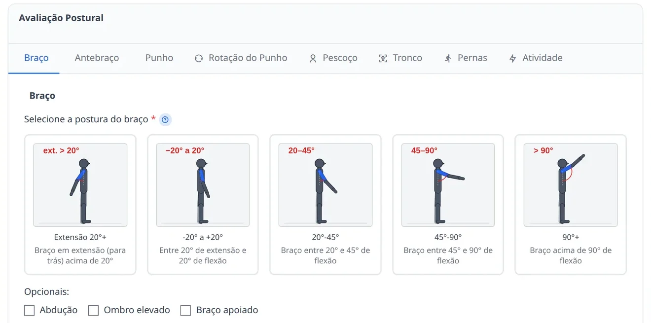 Formulário do RULA no MedNext com os desenhos das posturas do braço (dados de demonstração)