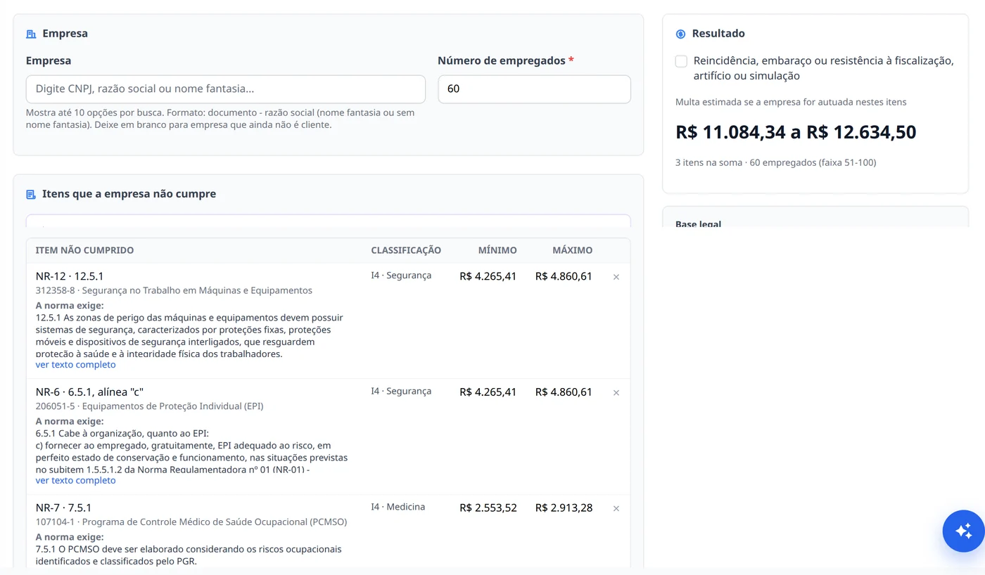 Calculadora de multas com os itens não cumpridos, a classificação e os valores mínimo e máximo (dados de demonstração)