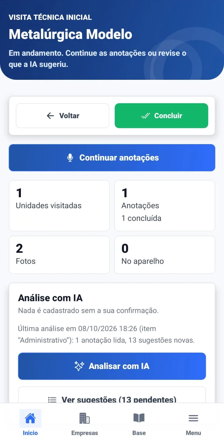 Visita técnica no app do MedNext: unidades visitadas, anotações, fotos e análise com IA (dados de demonstração)