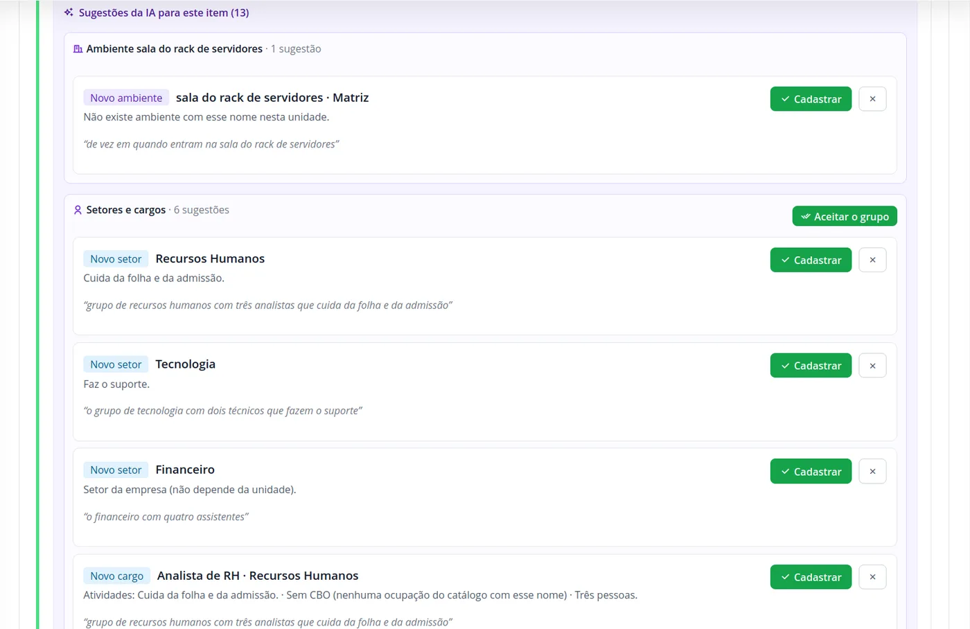 Sugestões de riscos feitas pela IA a partir das anotações da visita (dados de demonstração)