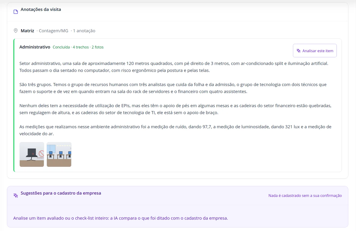 Resumo da visita técnica no MedNext web: anotações por ambiente, medições e fotos (dados de demonstração)